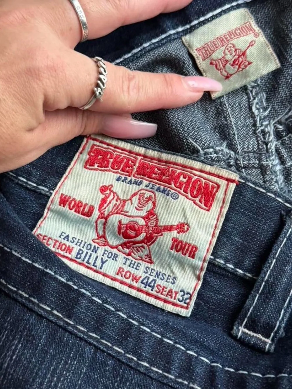 True Religion Dark Blue Jeans with Brown Pocket Flap
